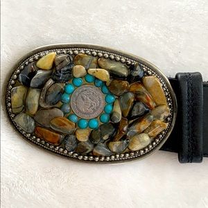 Stone buckle black leather belt